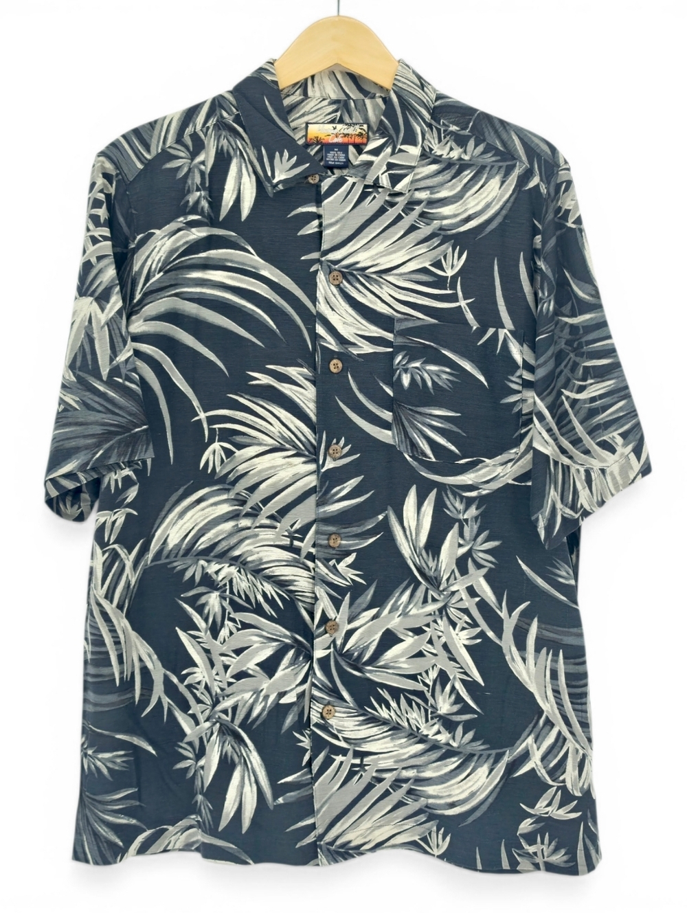 Havana Jack’s Cafe Silk Hawaiian Shirt Charcoal Gray Black Palm Print Men’s M
